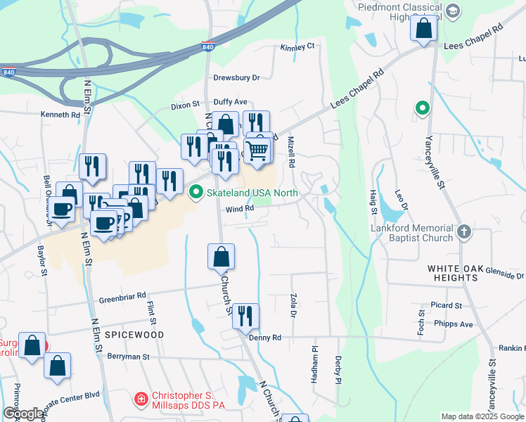 map of restaurants, bars, coffee shops, grocery stores, and more near 199 Wind Road in Greensboro