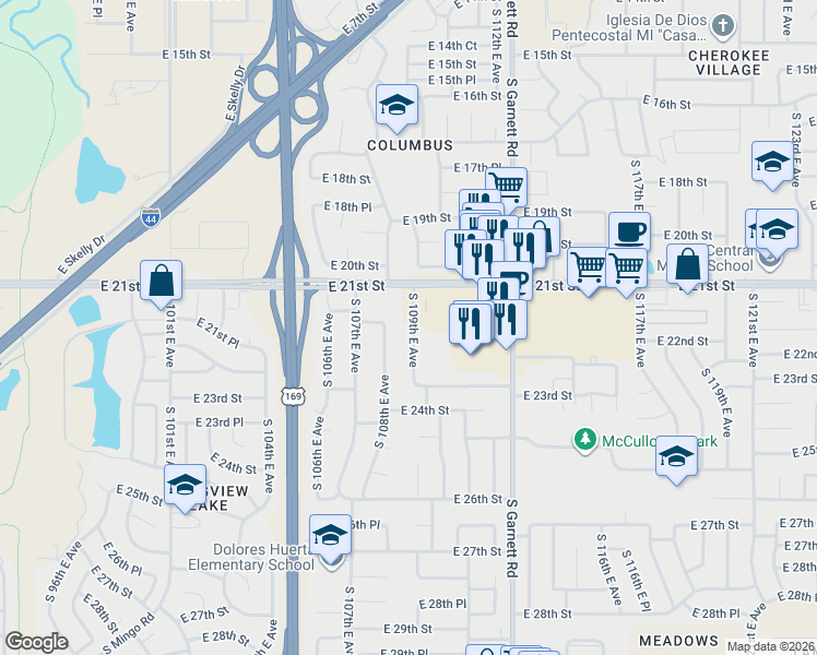 map of restaurants, bars, coffee shops, grocery stores, and more near 2142 South 109th East Avenue in Tulsa