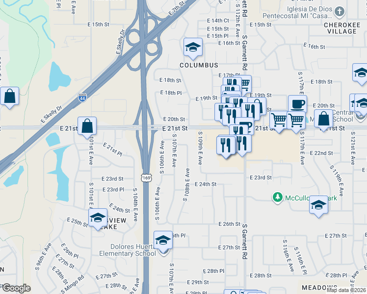 map of restaurants, bars, coffee shops, grocery stores, and more near 2209 South 108th East Avenue in Tulsa