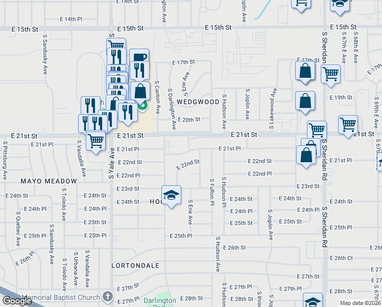 map of restaurants, bars, coffee shops, grocery stores, and more near 5344 East 21st Place in Tulsa