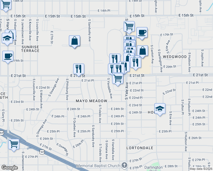 map of restaurants, bars, coffee shops, grocery stores, and more near 2139 South Vandalia Avenue in Tulsa
