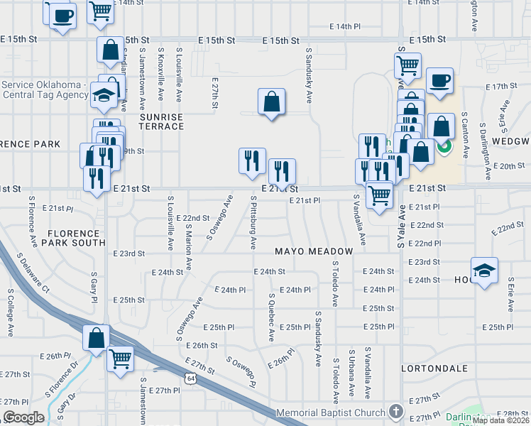 map of restaurants, bars, coffee shops, grocery stores, and more near 4109 East 22nd Street in Tulsa