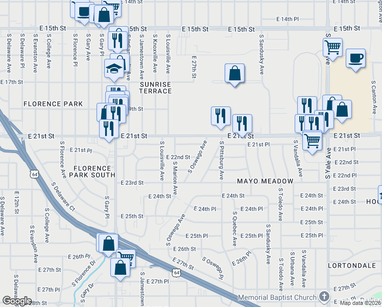map of restaurants, bars, coffee shops, grocery stores, and more near 3829 East 22nd Street in Tulsa