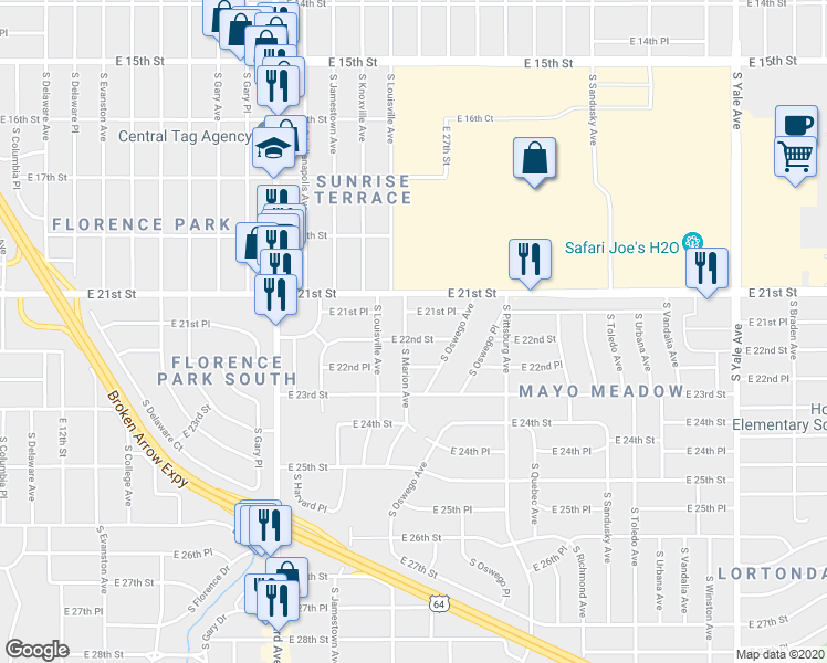 map of restaurants, bars, coffee shops, grocery stores, and more near 2134 South Marion Avenue in Tulsa