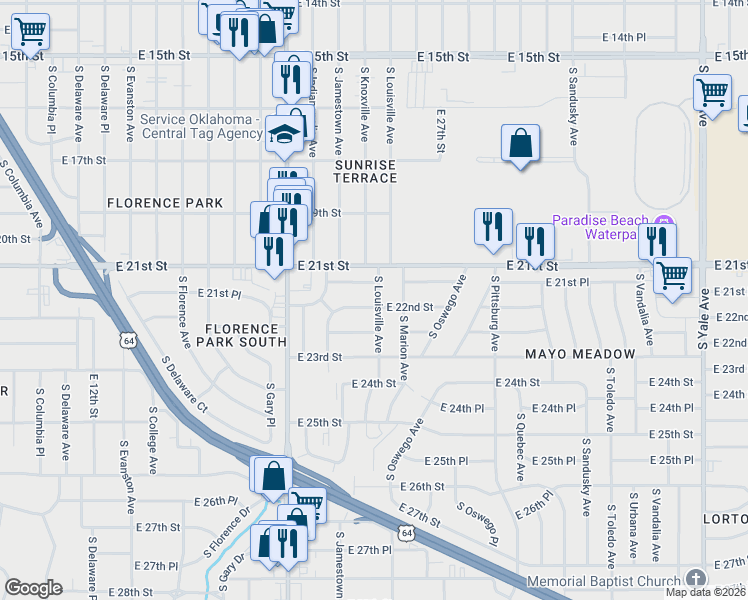 map of restaurants, bars, coffee shops, grocery stores, and more near 3533 East 22nd Street in Tulsa