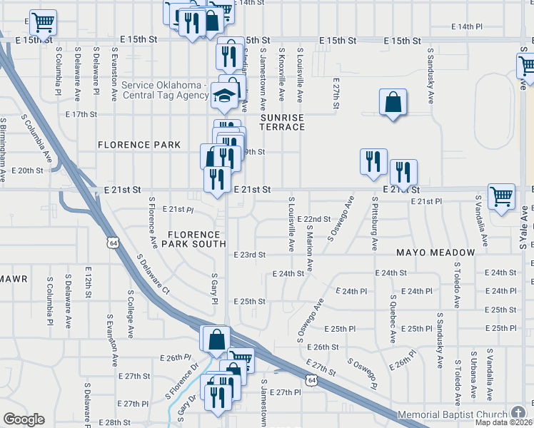 map of restaurants, bars, coffee shops, grocery stores, and more near 2209 South Jamestown Avenue in Tulsa