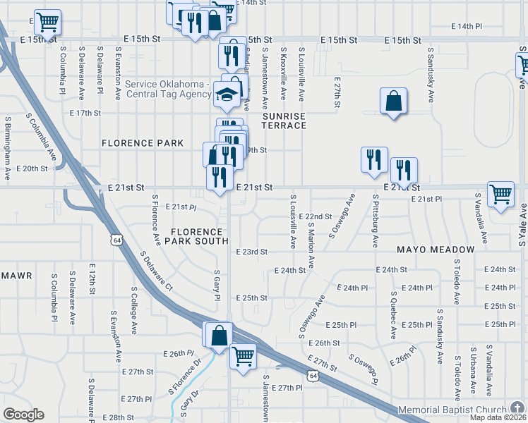 map of restaurants, bars, coffee shops, grocery stores, and more near 2209 South Jamestown Avenue in Tulsa