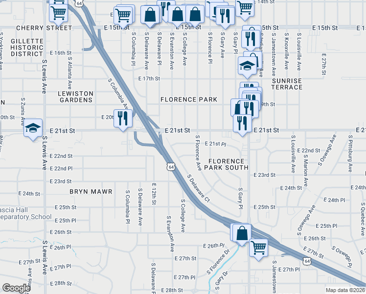 map of restaurants, bars, coffee shops, grocery stores, and more near 2840 East 21st Place in Tulsa
