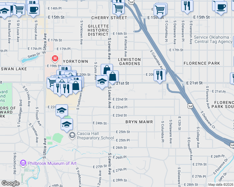 map of restaurants, bars, coffee shops, grocery stores, and more near 2441 East 22nd Street in Tulsa