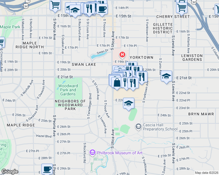 map of restaurants, bars, coffee shops, grocery stores, and more near 1776 Utica Square in Tulsa
