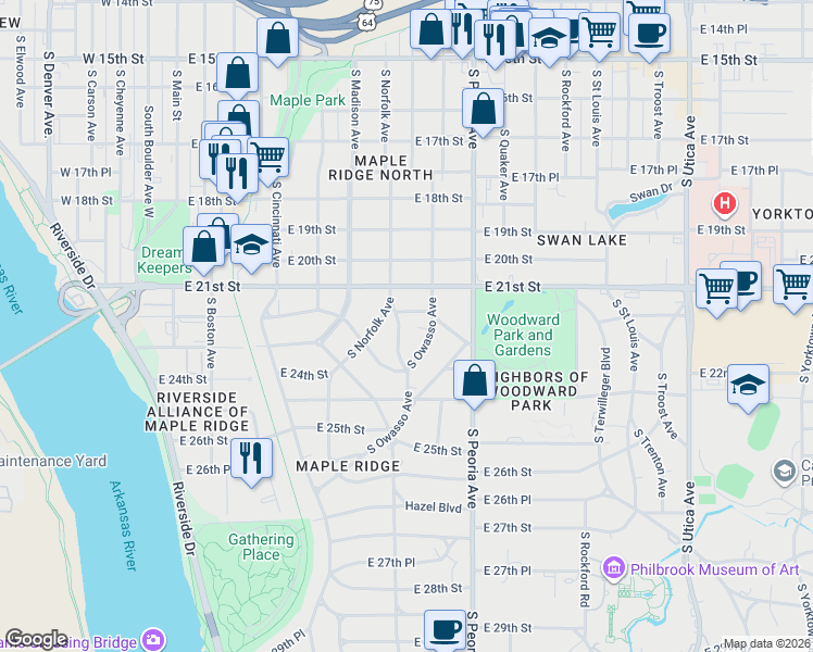map of restaurants, bars, coffee shops, grocery stores, and more near 2144 South Norfolk Terrace in Tulsa