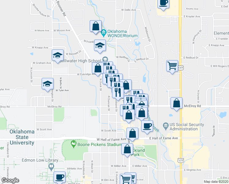 map of restaurants, bars, coffee shops, grocery stores, and more near 1004 N3330 Road in Stillwater