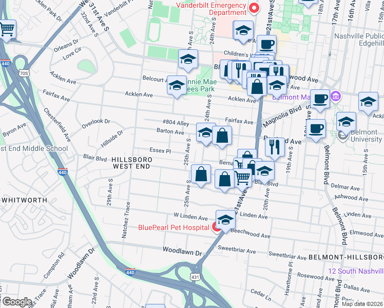 map of restaurants, bars, coffee shops, grocery stores, and more near 2043 24th Avenue South in Nashville