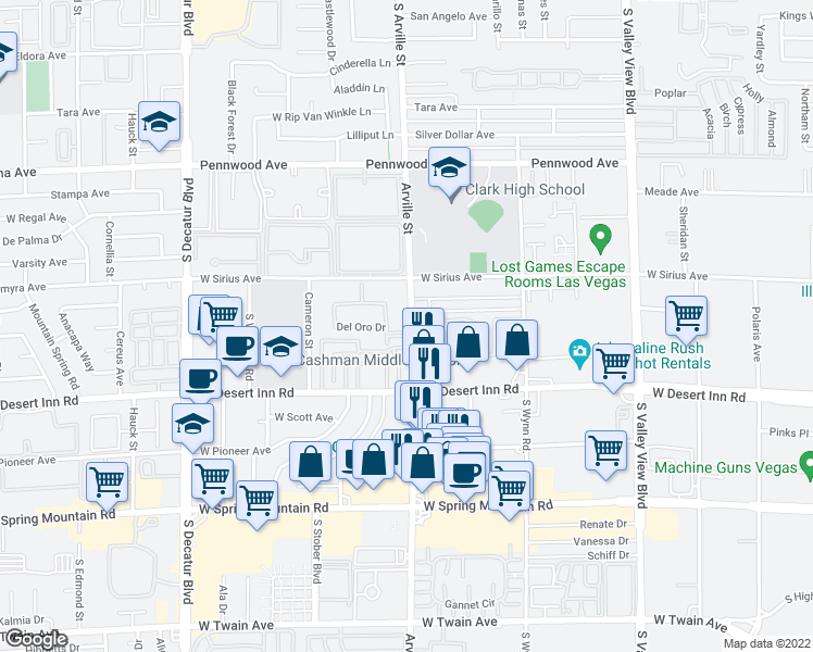 map of restaurants, bars, coffee shops, grocery stores, and more near 3181 Arville Street in Las Vegas