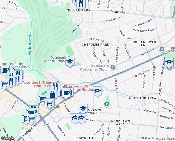 map of restaurants, bars, coffee shops, grocery stores, and more near 203 Cherokee Road in Nashville