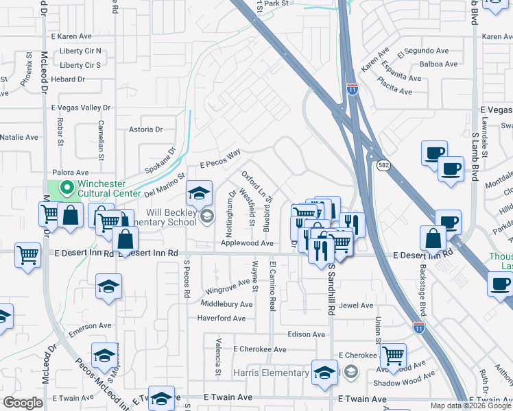 map of restaurants, bars, coffee shops, grocery stores, and more near 3170 Westfield Street in Las Vegas
