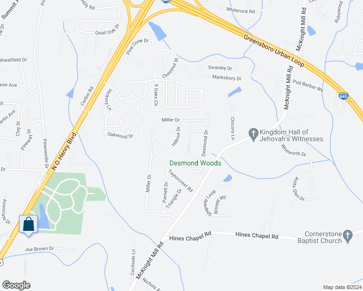 map of restaurants, bars, coffee shops, grocery stores, and more near 301 Hidden Timber Lane in Greensboro