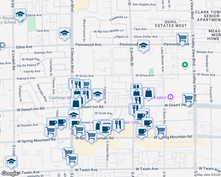 map of restaurants, bars, coffee shops, grocery stores, and more near 3186 Cameron Street in Las Vegas