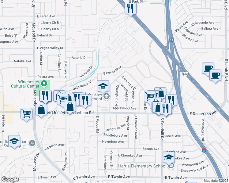 map of restaurants, bars, coffee shops, grocery stores, and more near 3169 Nottingham Drive in Las Vegas