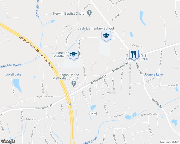 map of restaurants, bars, coffee shops, grocery stores, and more near 1110 Jones Brothers Road in Kernersville
