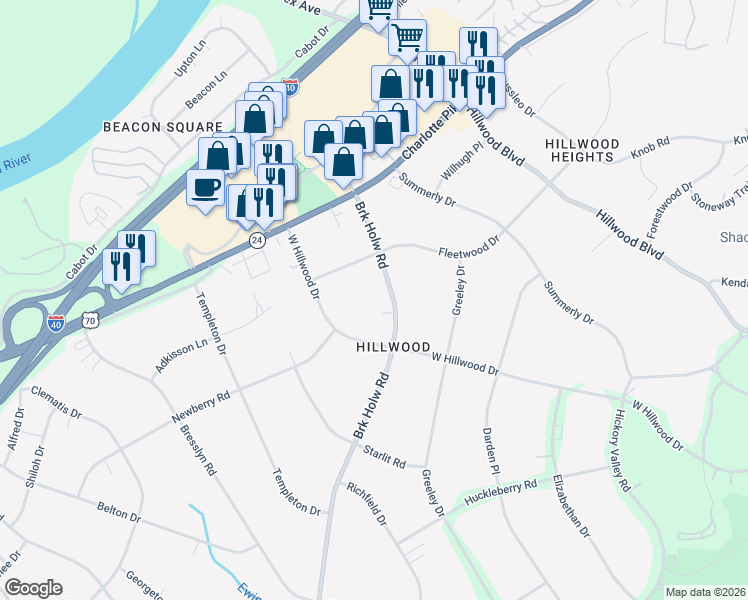 map of restaurants, bars, coffee shops, grocery stores, and more near 831 Brook Hollow Road in Nashville