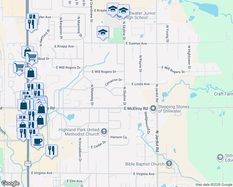map of restaurants, bars, coffee shops, grocery stores, and more near 1512 East Willham Drive in Stillwater