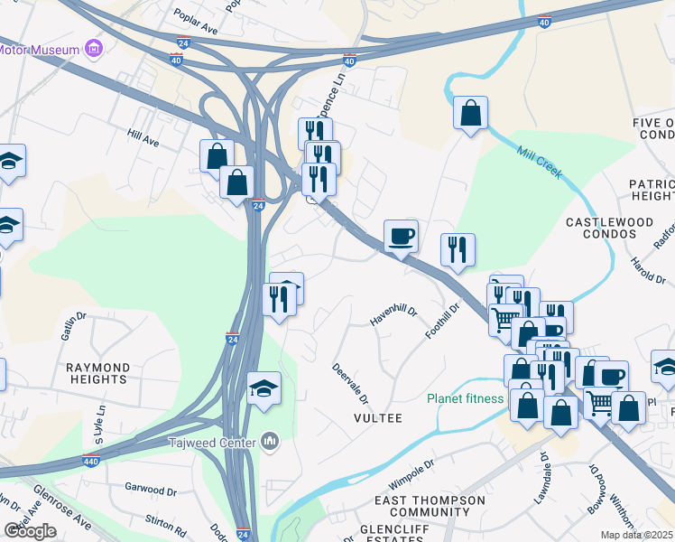 map of restaurants, bars, coffee shops, grocery stores, and more near 340 Plus Park Boulevard in Nashville
