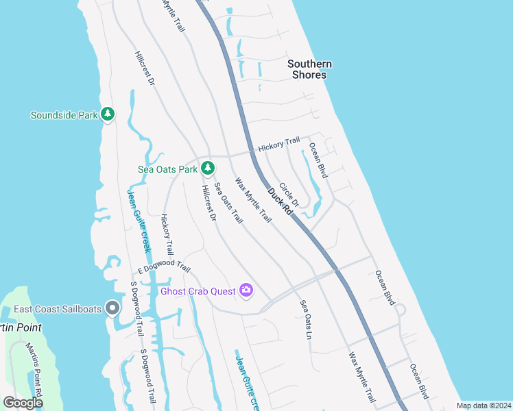 map of restaurants, bars, coffee shops, grocery stores, and more near Wax Myrtle Trail in Southern Shores