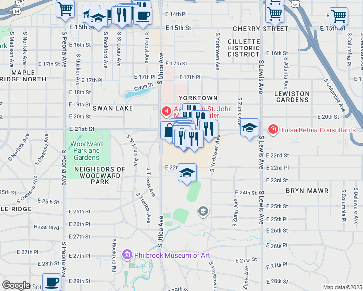 map of restaurants, bars, coffee shops, grocery stores, and more near 1838 Utica Square in Tulsa