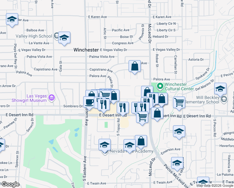 map of restaurants, bars, coffee shops, grocery stores, and more near 2638 East Siesta Avenue in Las Vegas