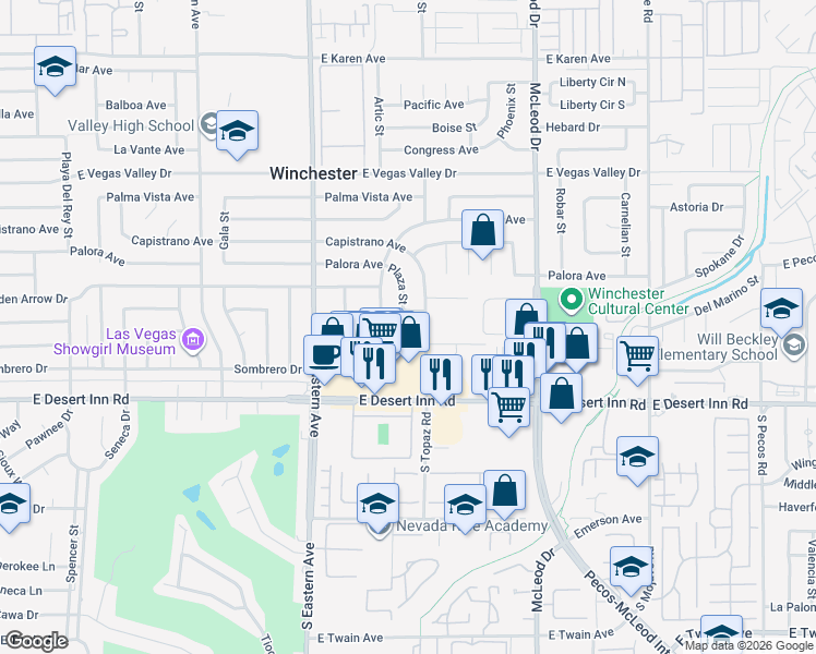 map of restaurants, bars, coffee shops, grocery stores, and more near 2638 East Siesta Avenue in Las Vegas
