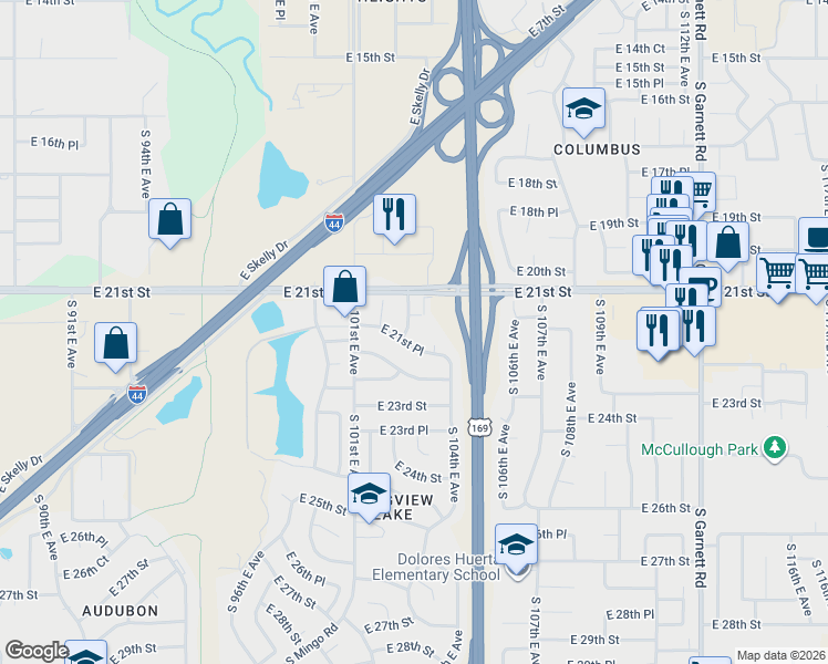 map of restaurants, bars, coffee shops, grocery stores, and more near 2133 South 103rd East Avenue in Tulsa