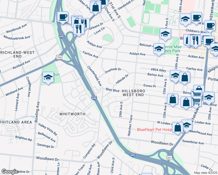 map of restaurants, bars, coffee shops, grocery stores, and more near 3204C Blair Boulevard in Nashville