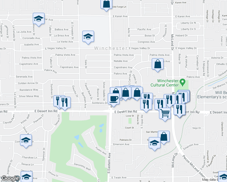map of restaurants, bars, coffee shops, grocery stores, and more near 3168 South Eastern Avenue in Las Vegas