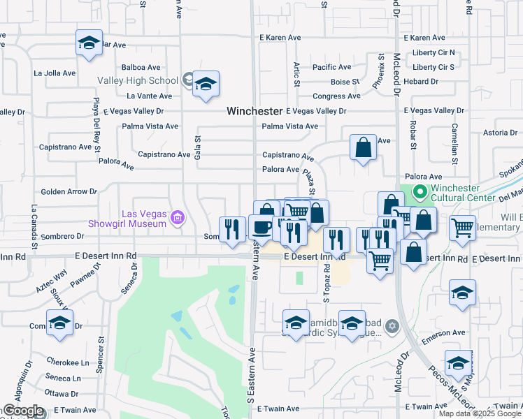 map of restaurants, bars, coffee shops, grocery stores, and more near 3168 South Eastern Avenue in Las Vegas