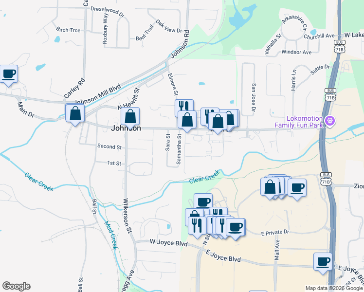 map of restaurants, bars, coffee shops, grocery stores, and more near 5805 Samantha Street in Fayetteville