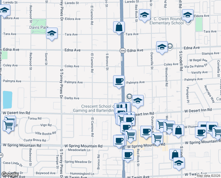map of restaurants, bars, coffee shops, grocery stores, and more near 3150 South Bronco Street in Las Vegas