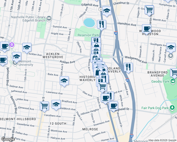 map of restaurants, bars, coffee shops, grocery stores, and more near 2023 Beech Avenue in Nashville