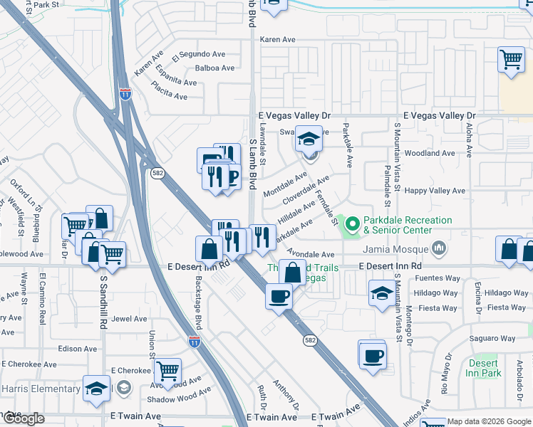map of restaurants, bars, coffee shops, grocery stores, and more near 4276 Hilldale Avenue in Las Vegas