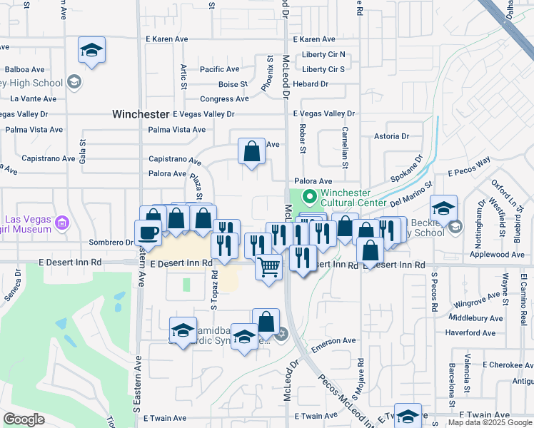 map of restaurants, bars, coffee shops, grocery stores, and more near 2901 Schaffer Circle in Las Vegas