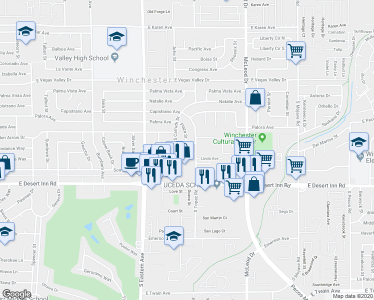 map of restaurants, bars, coffee shops, grocery stores, and more near 2638 East Siesta Avenue in Las Vegas
