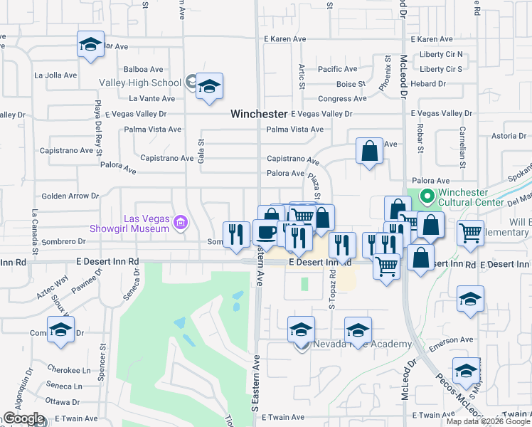 map of restaurants, bars, coffee shops, grocery stores, and more near 3187 Panocha Street in Las Vegas