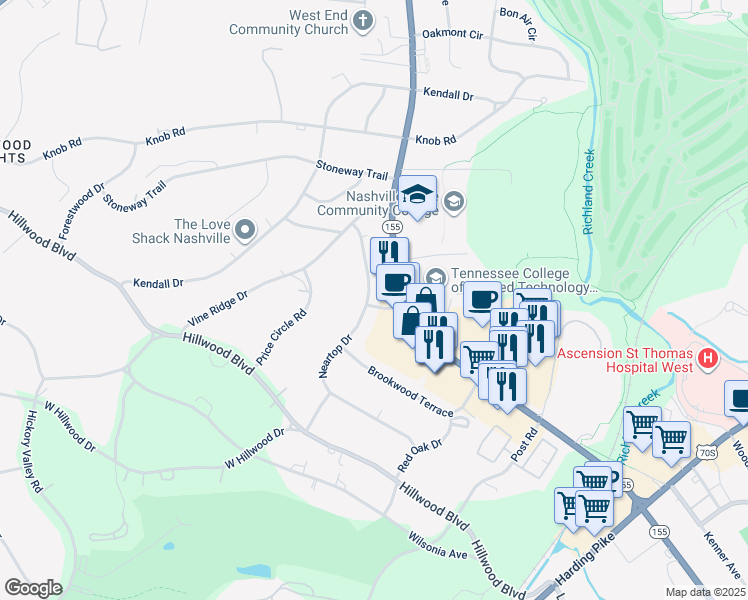 map of restaurants, bars, coffee shops, grocery stores, and more near 5615 Brookwood Place in Nashville