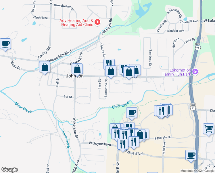 map of restaurants, bars, coffee shops, grocery stores, and more near 5805 Samantha Street in Fayetteville