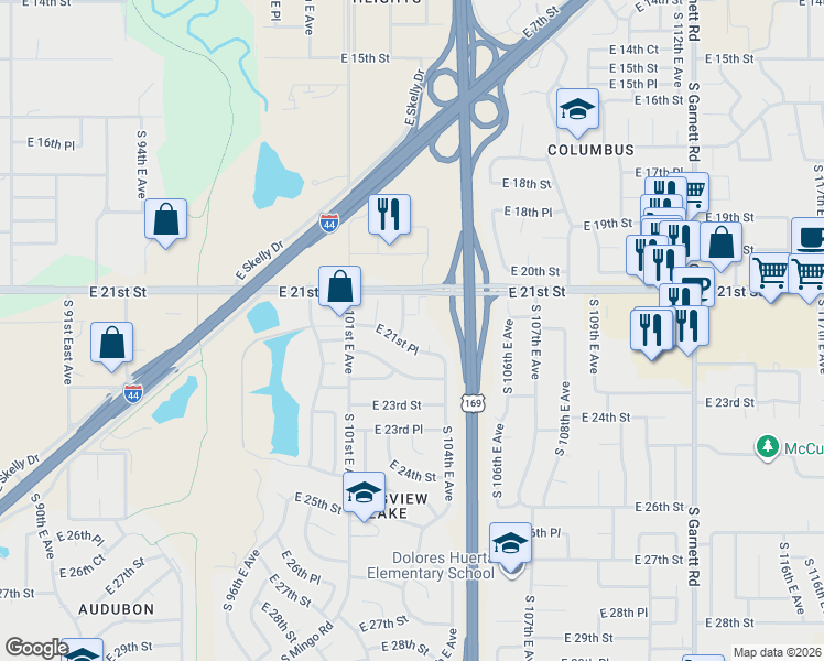 map of restaurants, bars, coffee shops, grocery stores, and more near 2133 South 103rd East Avenue in Tulsa