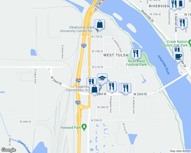 map of restaurants, bars, coffee shops, grocery stores, and more near 2139 South Phoenix Avenue in Tulsa