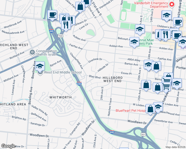 map of restaurants, bars, coffee shops, grocery stores, and more near 3204C Blair Boulevard in Nashville