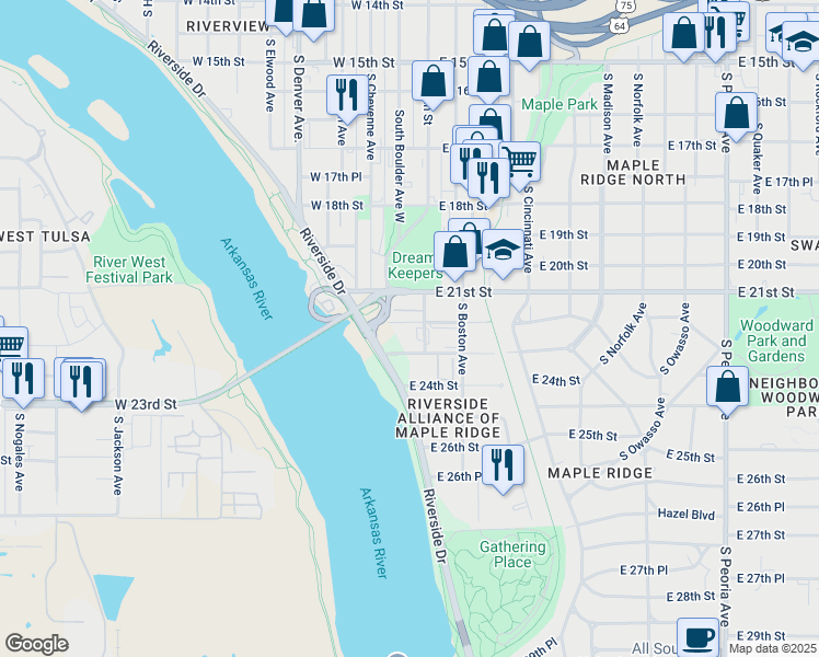 map of restaurants, bars, coffee shops, grocery stores, and more near 2210 South Main Street in Tulsa