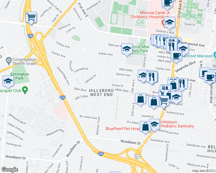 map of restaurants, bars, coffee shops, grocery stores, and more near 2619 Essex Place in Nashville