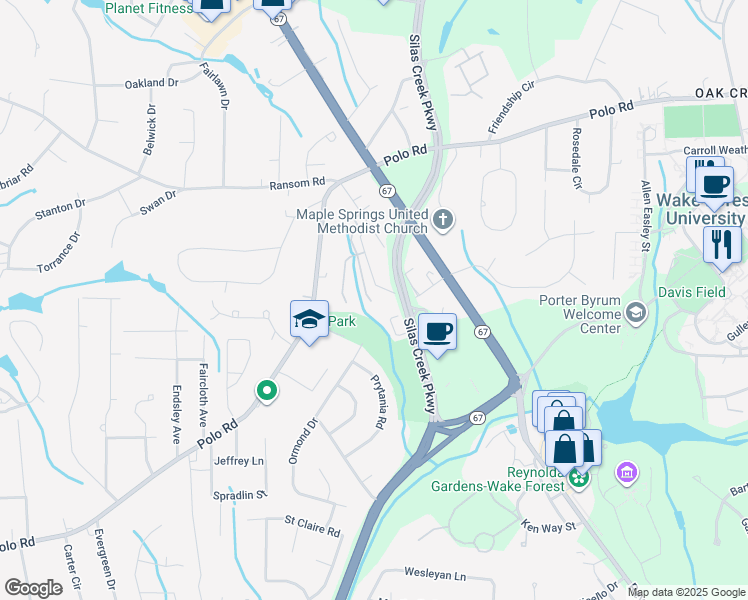 map of restaurants, bars, coffee shops, grocery stores, and more near 2844 Quincy Drive in Winston-Salem